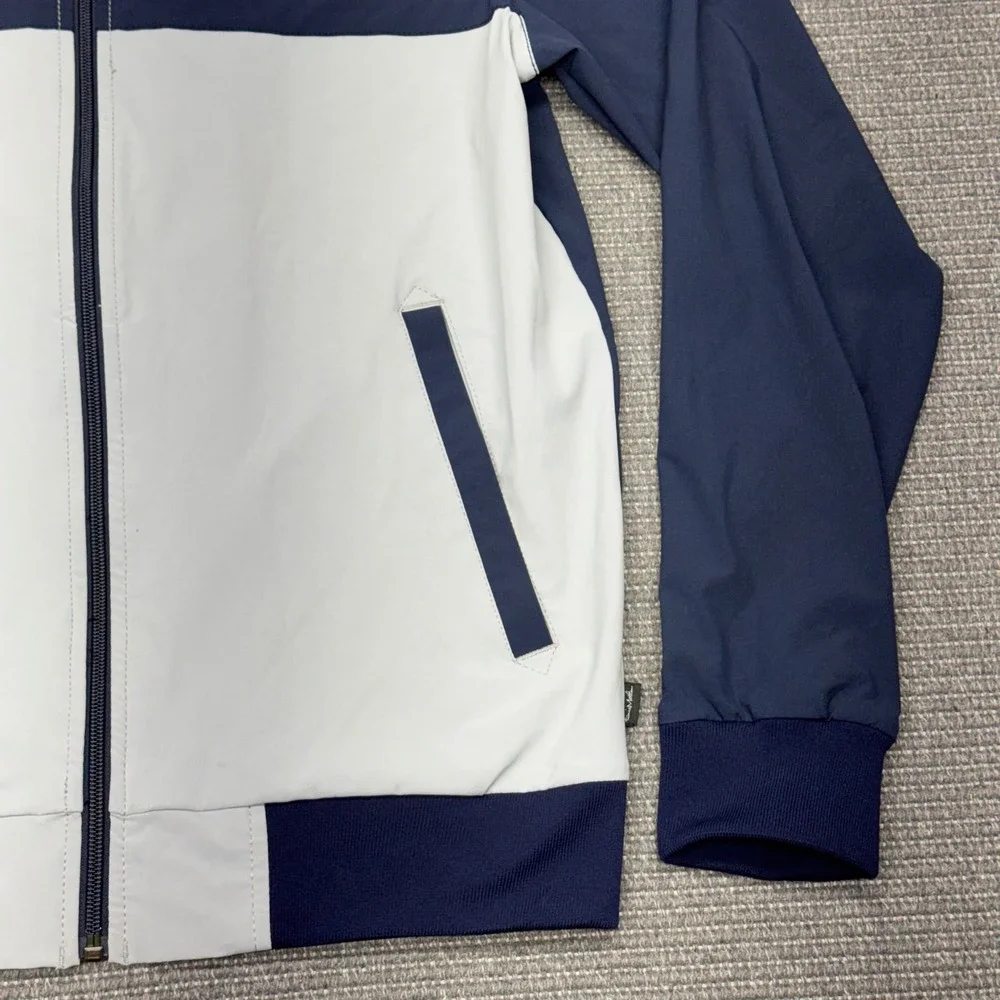 TravisMathew Mens Full Zip Track Jacket‎ Navy Grey Striped Performance Size M